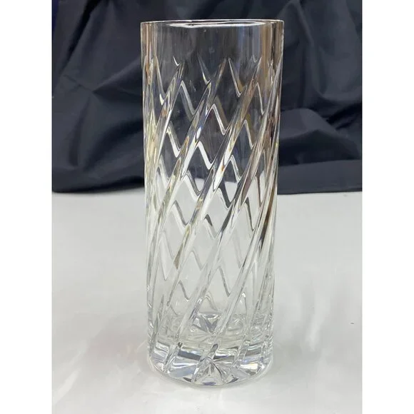 Vintage Crystal Clear Cut Glass Flower Vase Swirl Design Starburst Base Heavy - Picture 10 of 10